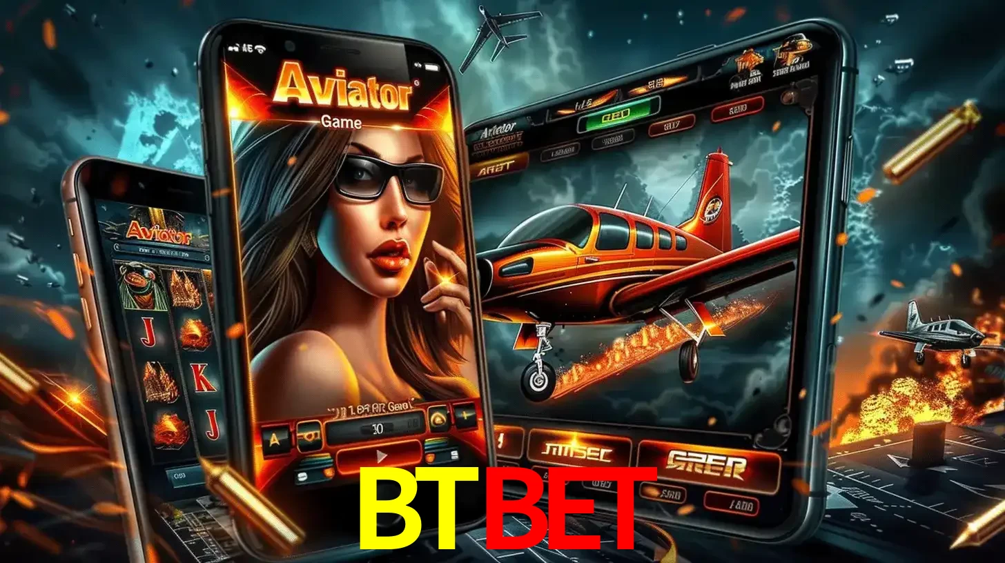 O popular jogo de apostas Aviator exibido em vários celulares e tablets, mostrando a interface emocionante e a ação de voo disponíveis para jogar agora no BTBET.
