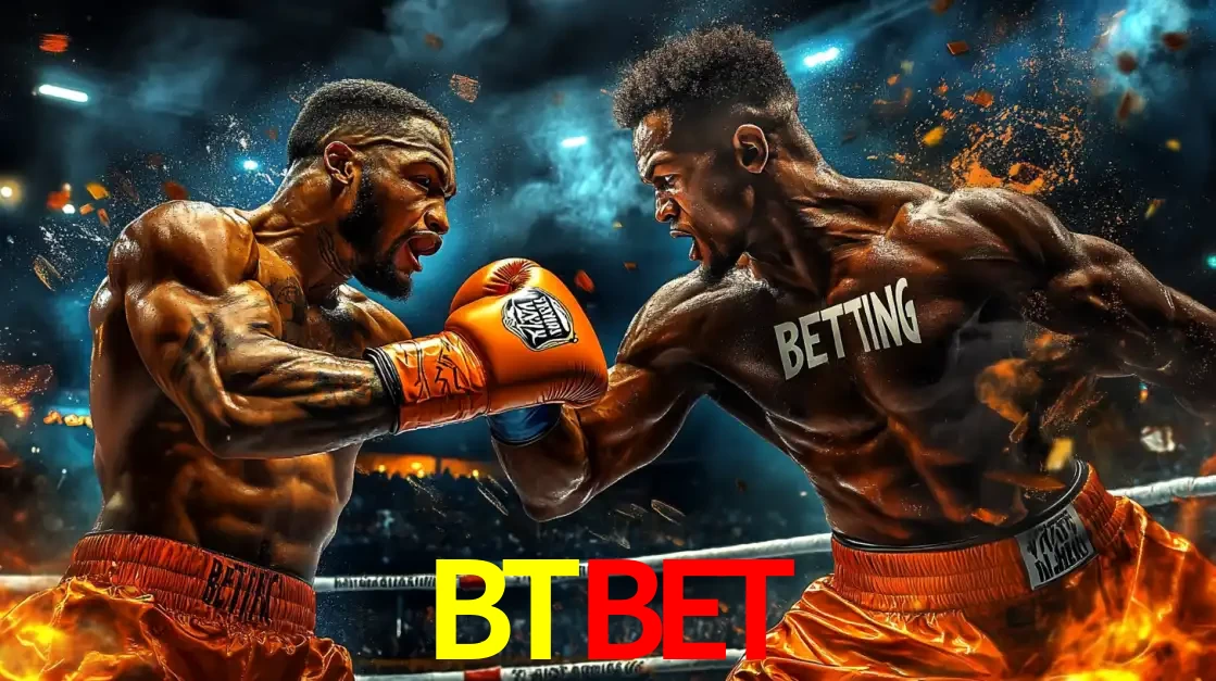 Dois boxeadores em uma luta intensa e explosiva, representando a adrenalina e as oportunidades de apostas em esportes de combate disponíveis na plataforma BTBET.