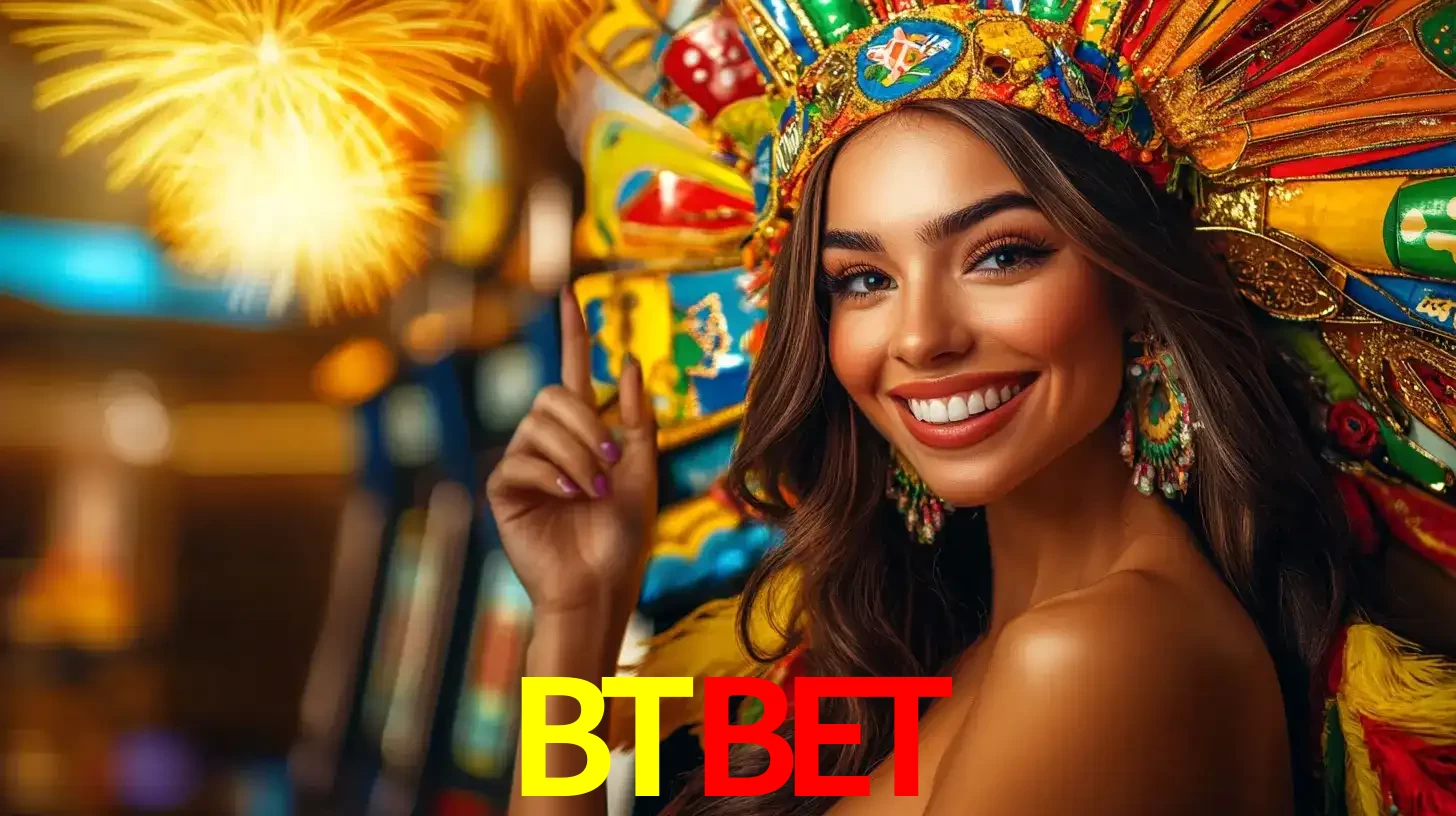 Mulher sorridente com um cocar de carnaval vibrante e colorido, celebrando uma grande vitória nos jogos do cassino BTBET com fogos de artifício ao fundo.