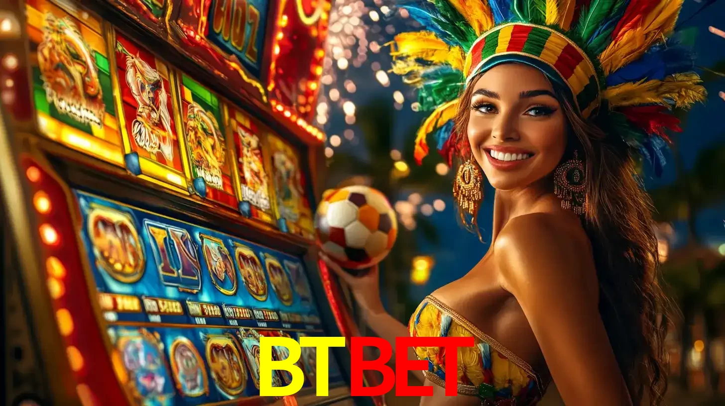 Mulher com um cocar de carnaval ao lado de uma máquina de caça-níqueis enquanto segura uma bola de futebol, mostrando a união da diversão de cassino e esportes no BTBET.