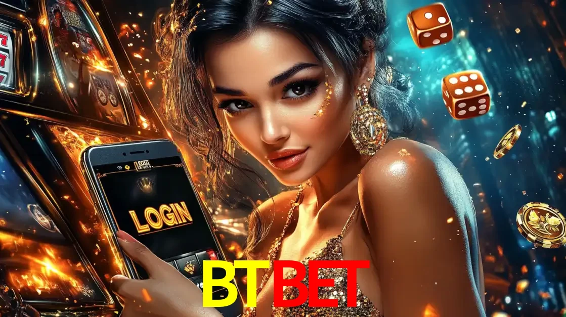Mulher glamourosa segurando um celular com a tela de login do cassino BTBET, rodeada por dados e moedas douradas, pronta para começar a diversão.