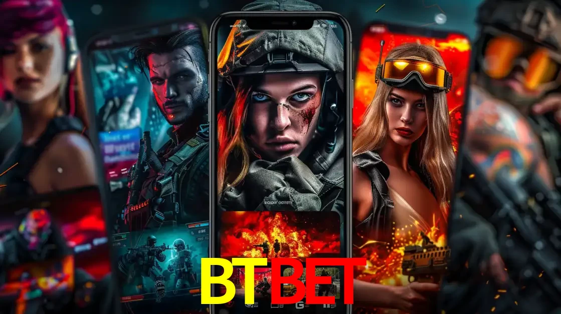 Montagem de telas de celular mostrando diversos personagens, masculinos e femininos, de um jogo de tiro, ilustrando a diversidade de equipes de e-sports para apostar no BTBET.