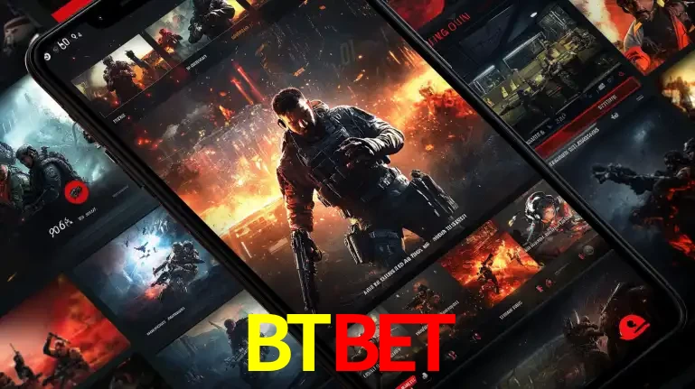 Tela de um celular exibindo uma galeria de jogos de tiro com temática militar, mostrando a variedade de e-sports disponíveis para apostas na plataforma de entretenimento BTBET.