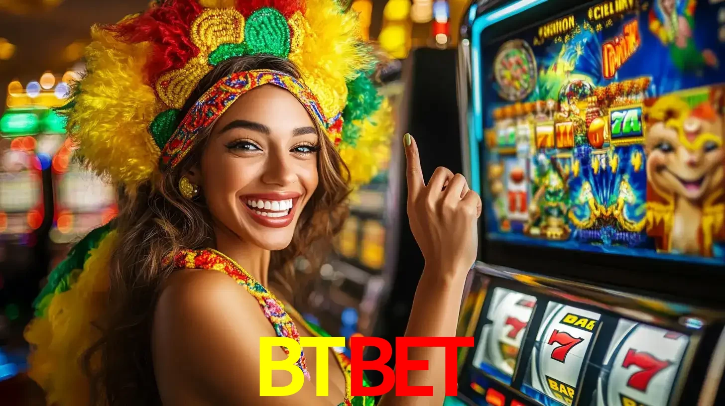 Mulher animada com um cocar de carnaval apontando para uma máquina de caça-níqueis, mostrando a emoção de ganhar um grande prêmio nos jogos do BTBET.