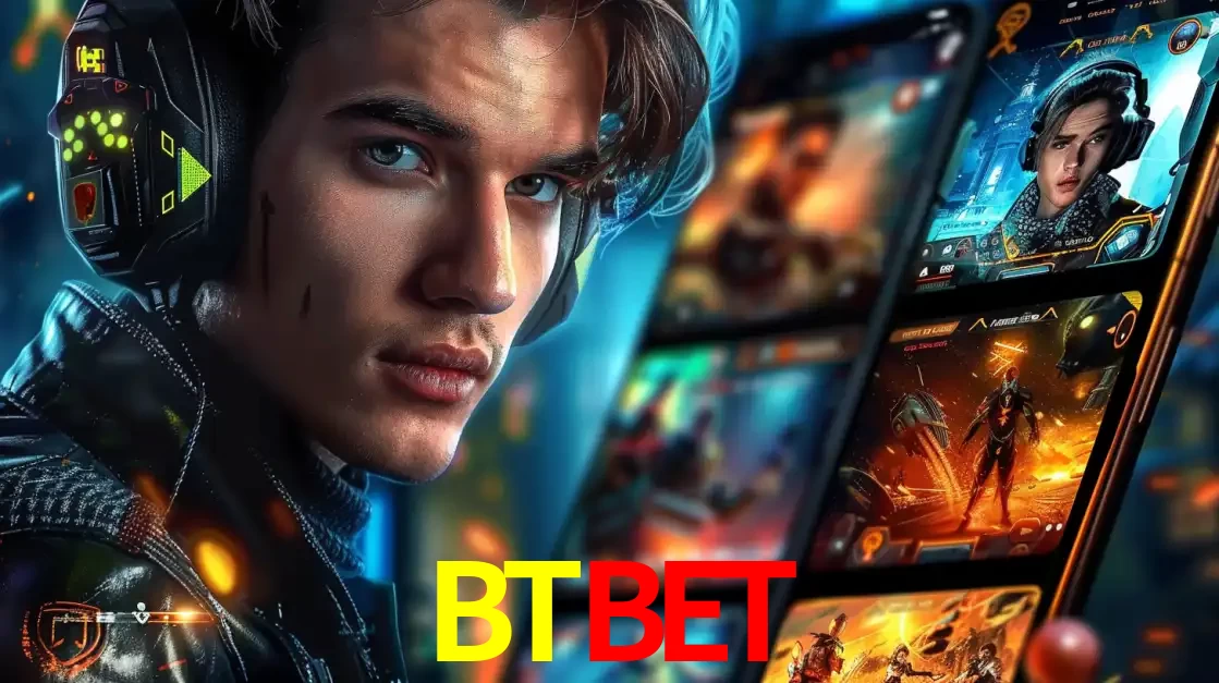 Jovem jogador com fones de ouvido olhando para a câmera, com um aplicativo de jogos e e-sports para celular ao fundo, pronto para a competição e apostas no BTBET.
