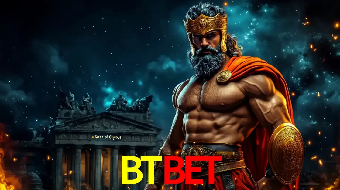 O poderoso Zeus do jogo de slot Gates of Olympus em frente ao seu templo, pronto para lançar multiplicadores divinos e prêmios épicos no cassino online BTBET.