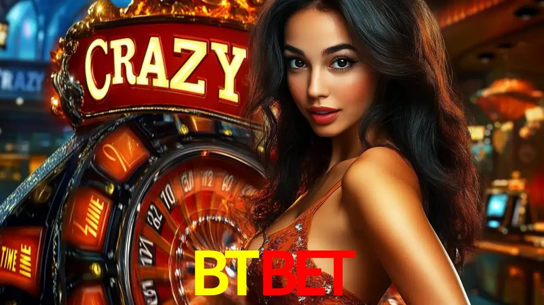 Mulher glamourosa olhando para a câmera com a roda vermelha do Crazy Time ao fundo em um ambiente de cassino, destacando a emoção dos jogos ao vivo no BTBET.