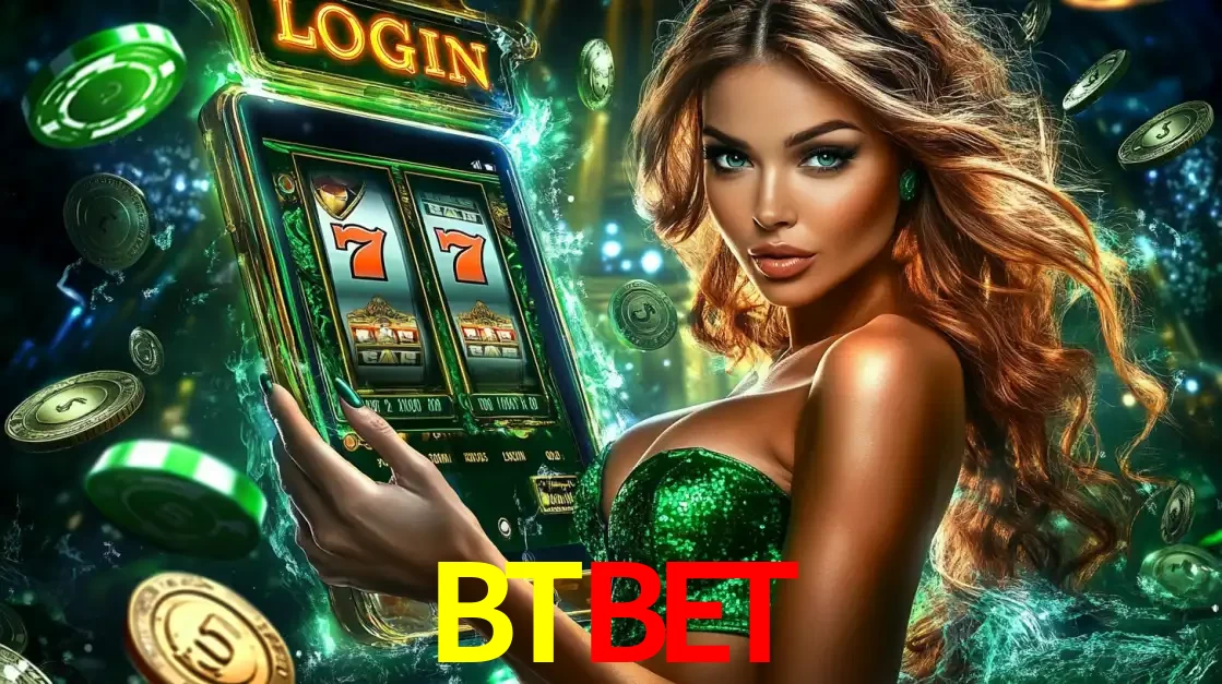 Mulher com tema verde apresentando o aplicativo do cassino BTBET com um jogo de slot de 777, cercada por fichas de cassino e uma aura de sorte.