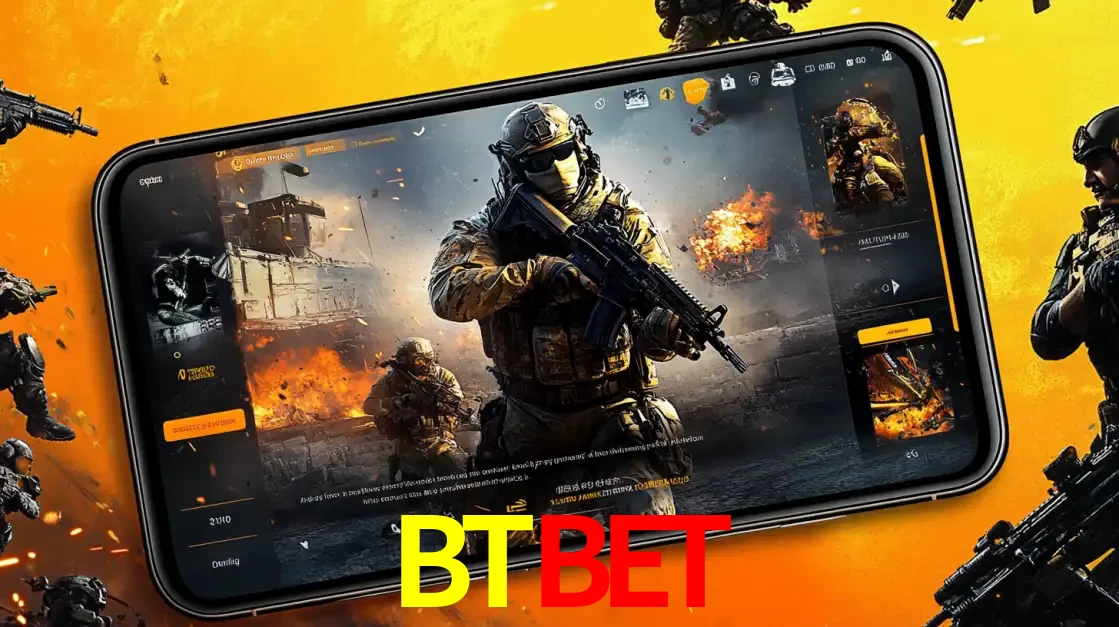 Um smartphone exibindo a interface de um jogo de tiro em primeira pessoa, com um soldado em um cenário de batalha, representando a ação dos e-sports para apostar no BTBET.