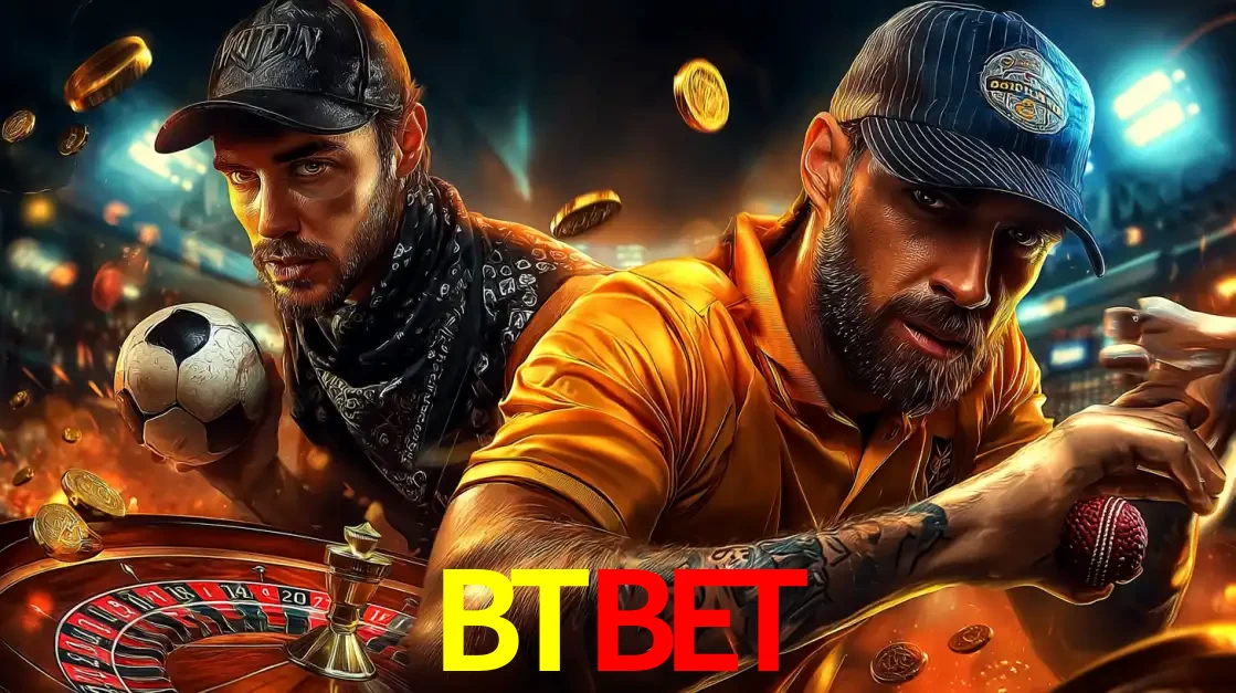 Montagem de apostas esportivas e cassino no BTBET, com um homem segurando uma bola de futebol e outro uma de beisebol sobre uma roleta e moedas voadoras.