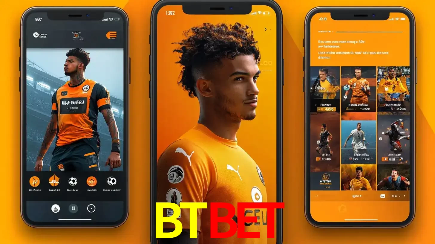 Interface do aplicativo de apostas esportivas BTBET em três telas de celular, mostrando o perfil de um jogador de futebol e a lista de jogos disponíveis para apostar.