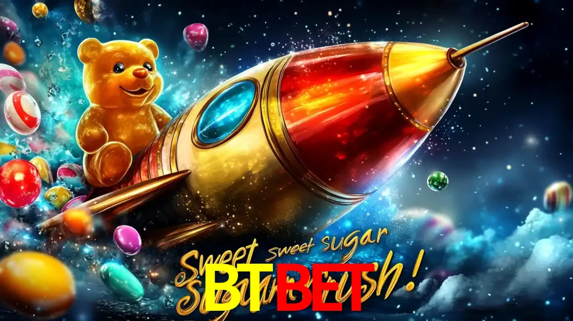 Arte promocional do jogo de slot Sugar Rush, com um urso de pelúcia em um foguete viajando pelo espaço de doces, um dos jogos divertidos disponíveis no cassino BTBET.