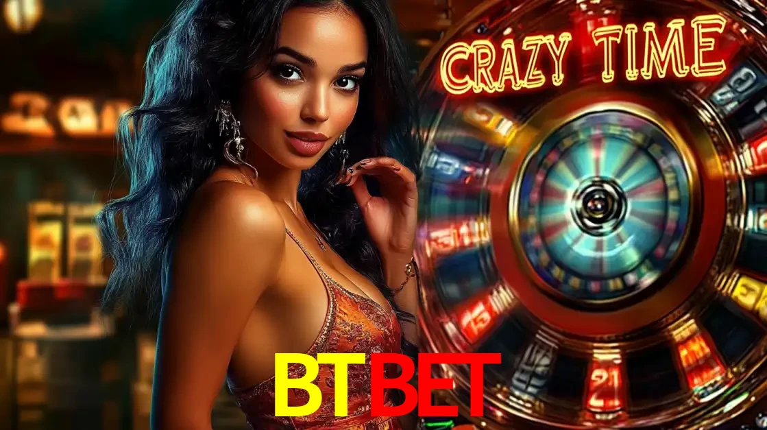 Mulher elegante ao lado da vibrante roda da fortuna do jogo de cassino ao vivo Crazy Time, um dos game shows mais populares e cheios de prêmios do BTBET.