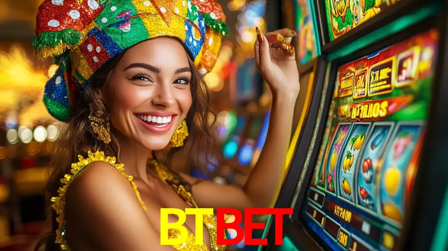 Mulher feliz com traje de carnaval amarelo e colorido ao lado de uma máquina de caça-níqueis, aproveitando a diversão e os jogos temáticos do cassino BTBET.