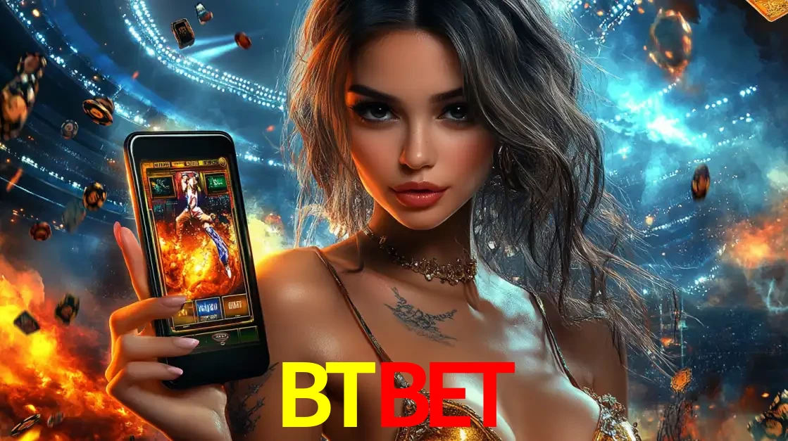 Mulher segurando um celular com um jogo de slot em destaque, tendo como fundo um estádio vibrante, simbolizando a emoção de jogar no cassino móvel BTBET.