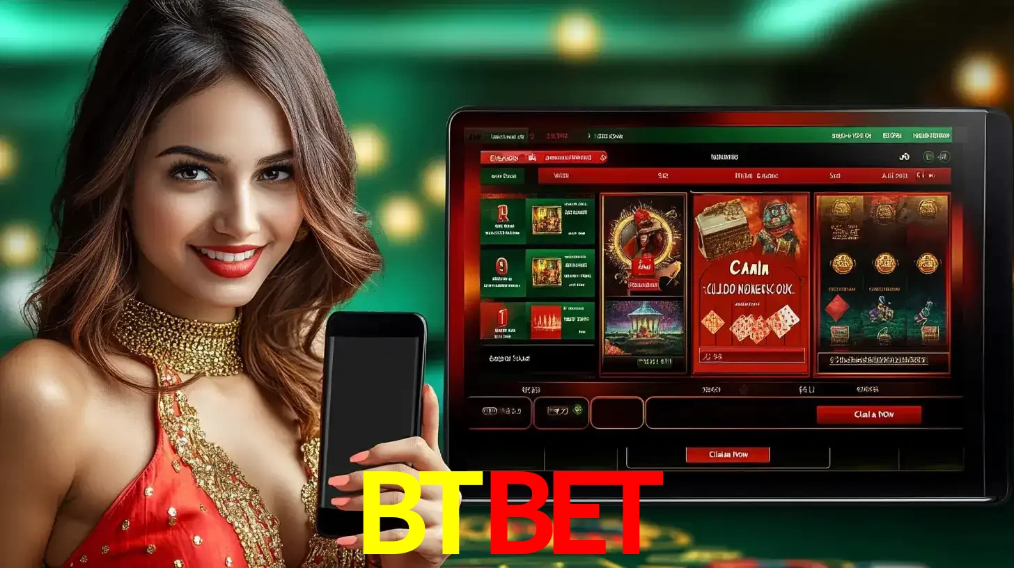 Mulher sorridente segurando um smartphone, ao lado de uma tela exibindo o lobby de jogos do cassino online BTBET, com várias opções de jogos de cartas e slots.
